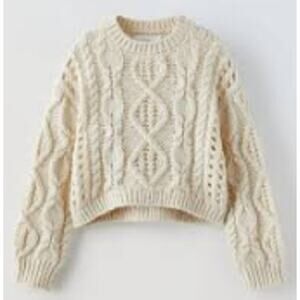 ZARA Girls cream-colored, open-knit, cable-knit crewneck sweater,size 9-10